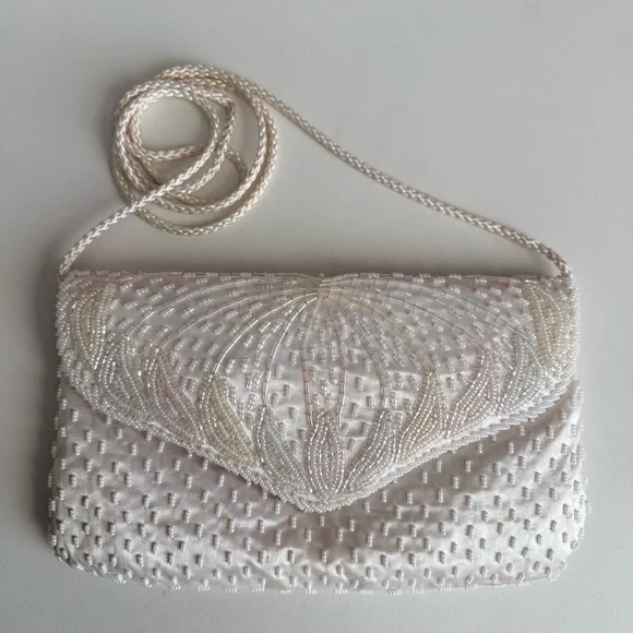 Vintage White Beaded Satin Clutch Purse | Pearl Evening Bag Bridal Prom 90s Y2K - Picture 2 of 9